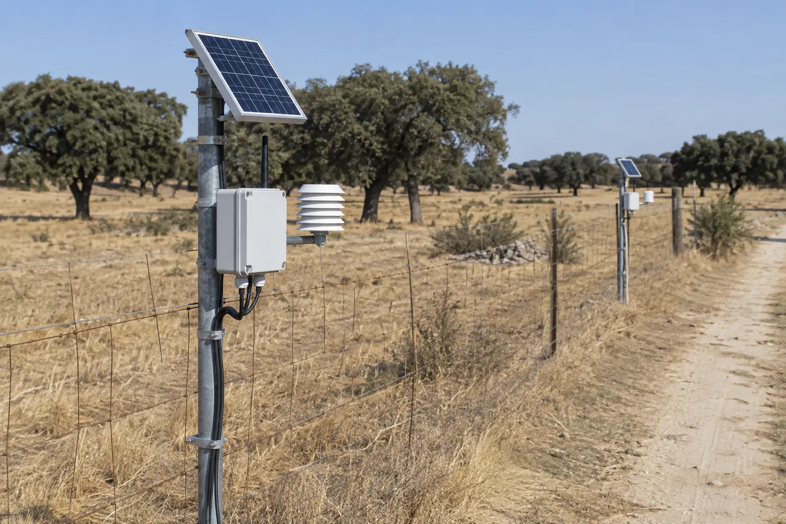 Two solar-powered field monitoring stations mounted along a farm fence