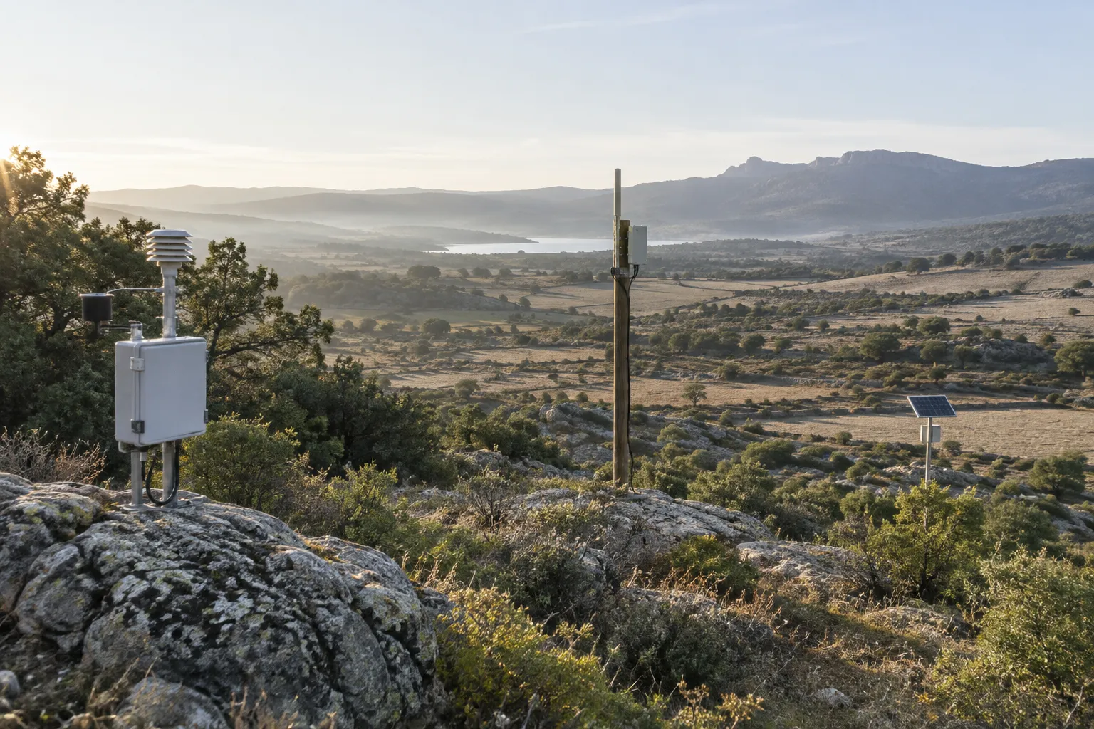 Conceptual rural landscape with a small solar-powered field monitoring node
