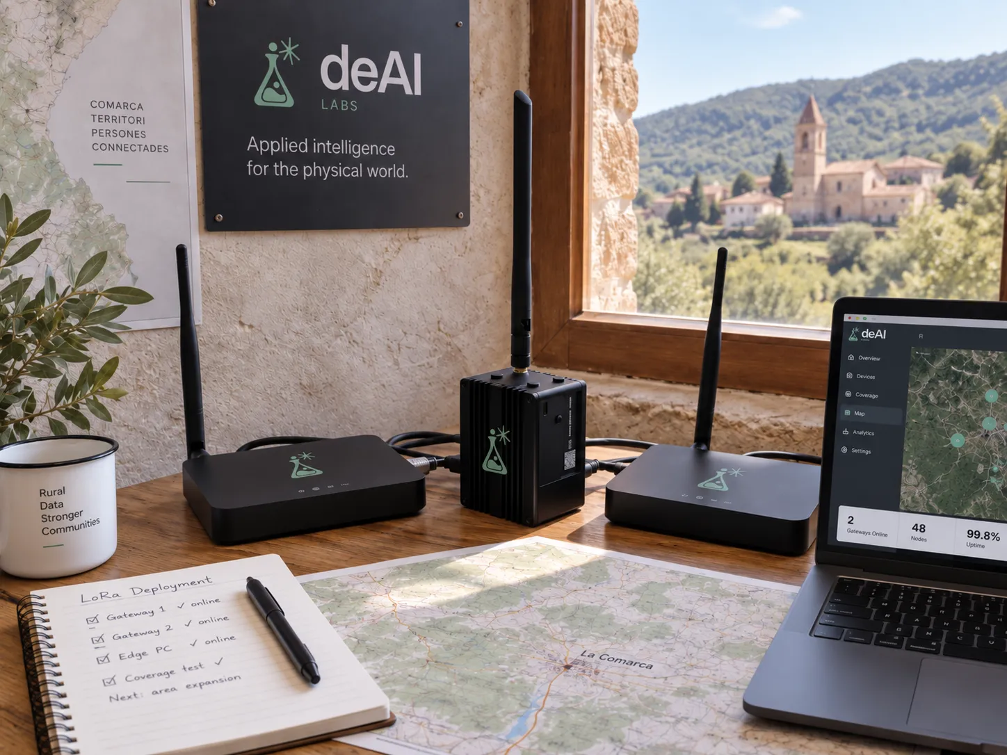 Concept setting with LoRaWAN gateways, edge computer and territorial coverage dashboard