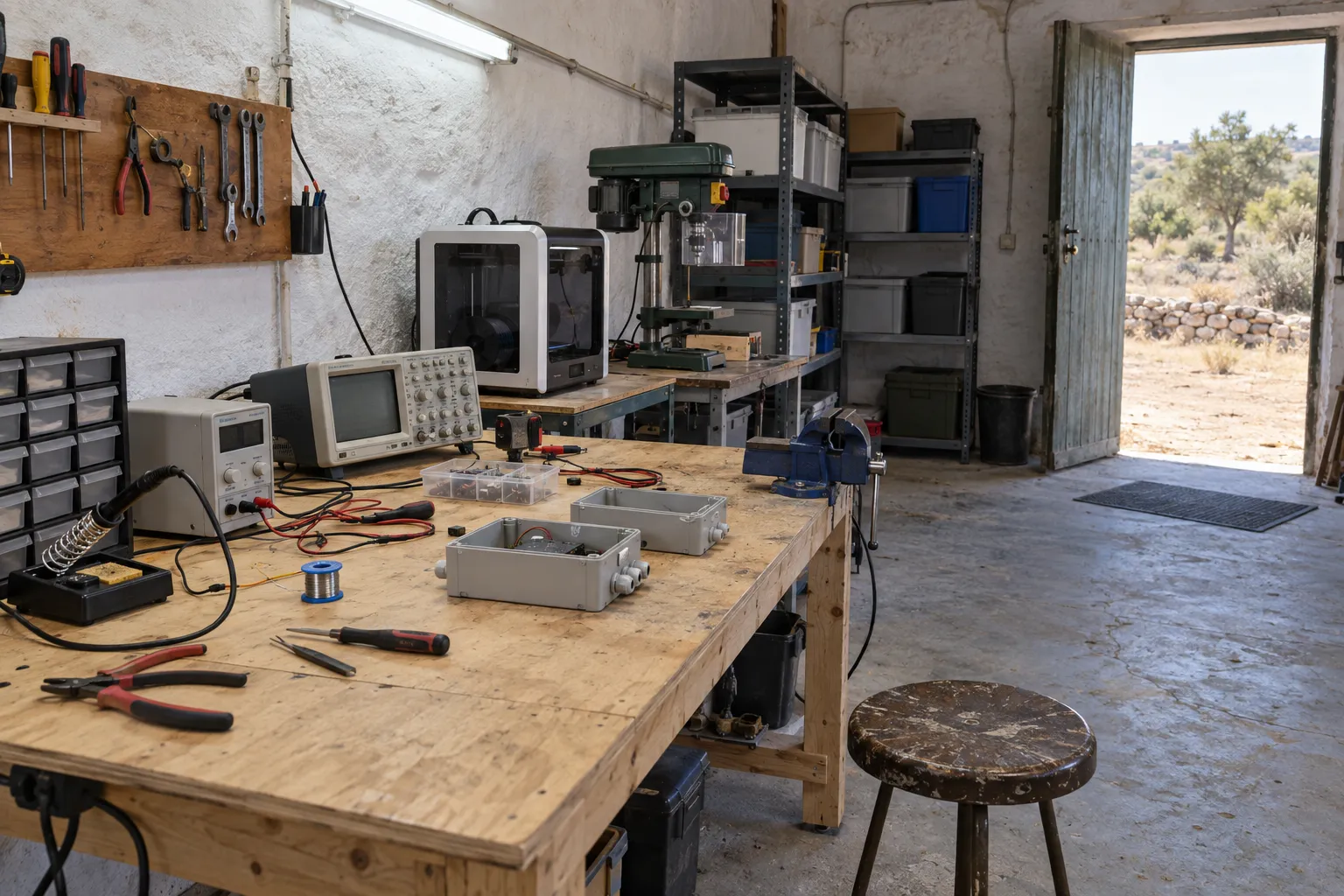 Used rural workshop with soldering, measurement and fabrication tools