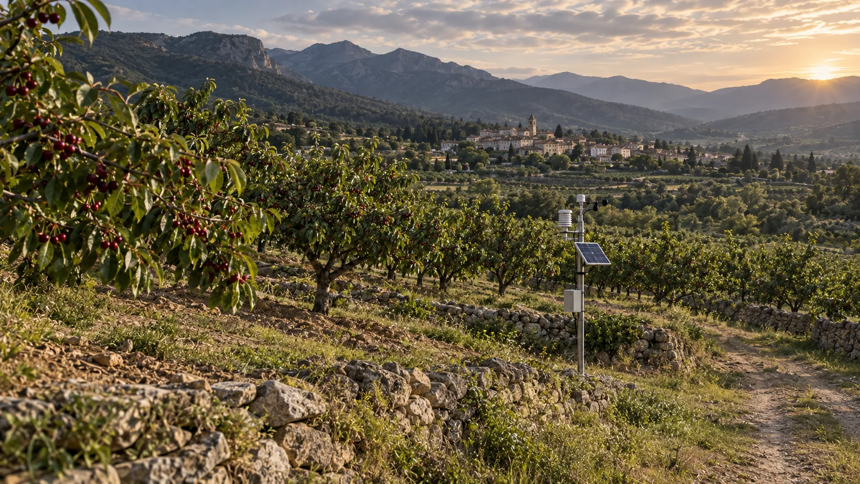 Conceptual image of a cherry orchard in a mountain valley with a small agricultural weather station; not a photograph of the uAgri pilot.